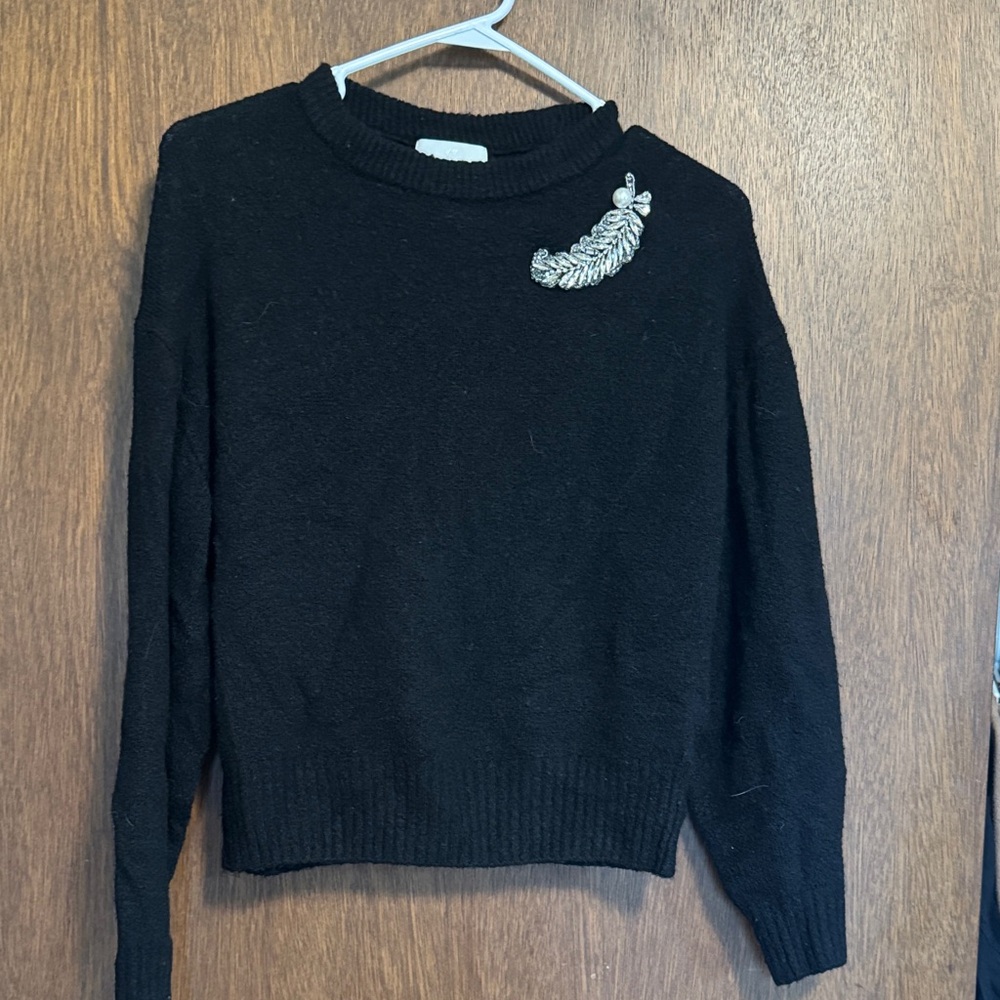 H&M Black Women's Crewneck Sweater with Decorative Feather embellishment